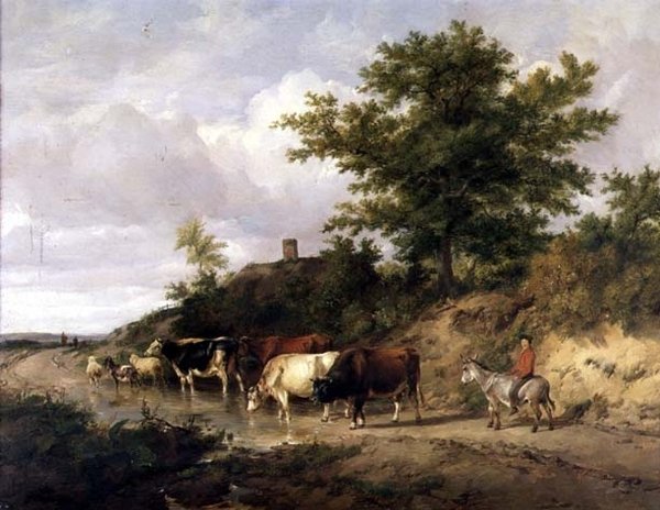 Skogbevuxen landskap med en pojke på en åsna och boskap vid ett vadställe av Thomas Sidney Cooper