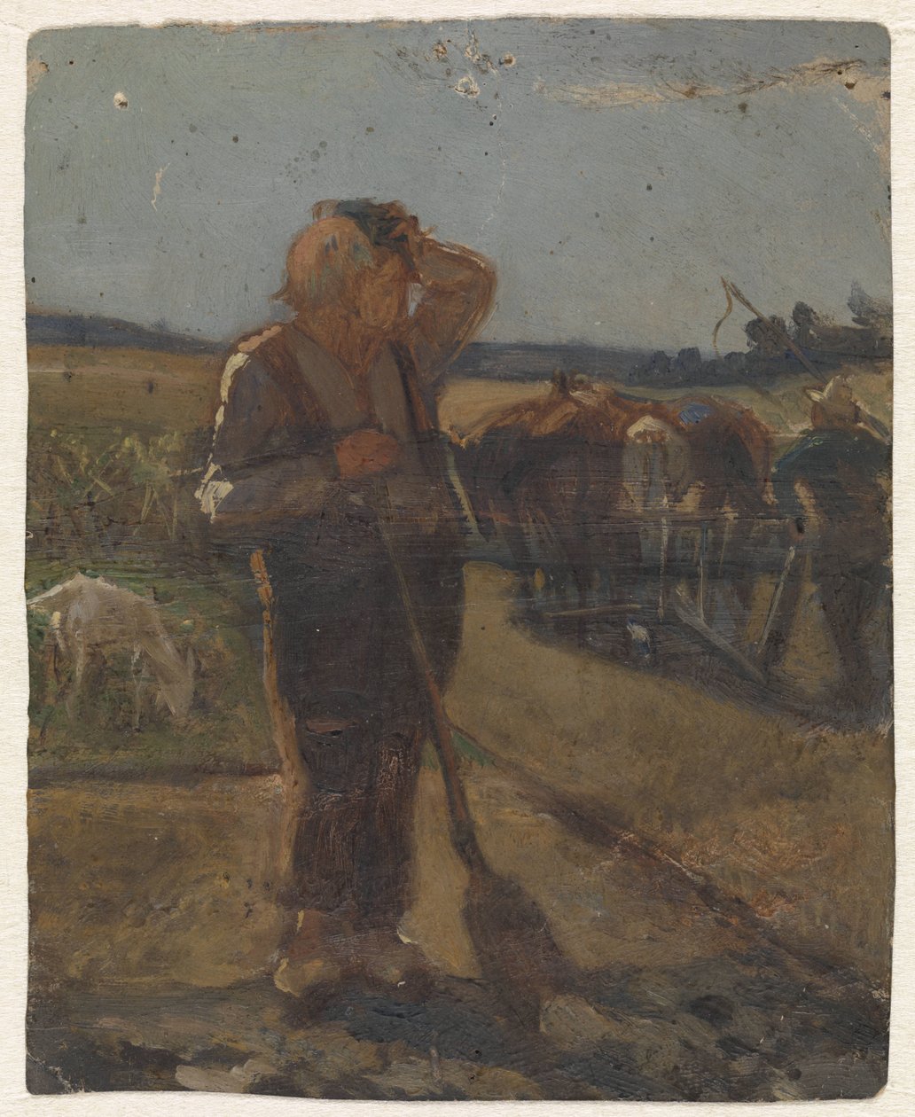 Bonde står med spade på marken av Thomas Simon Cool