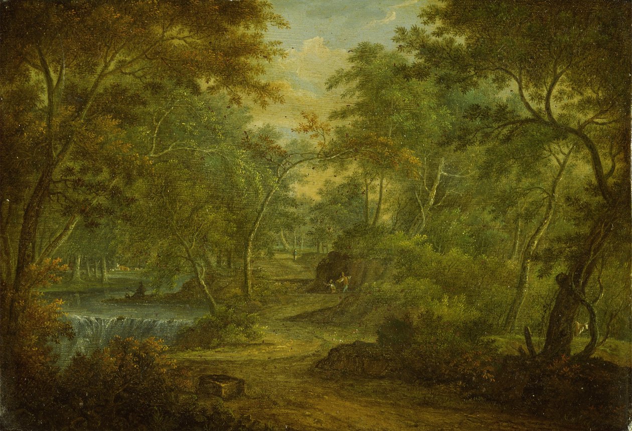 Ett skogslandskap med en bäck och en fiskare (olja på koppar) av Thomas Smith of Derby