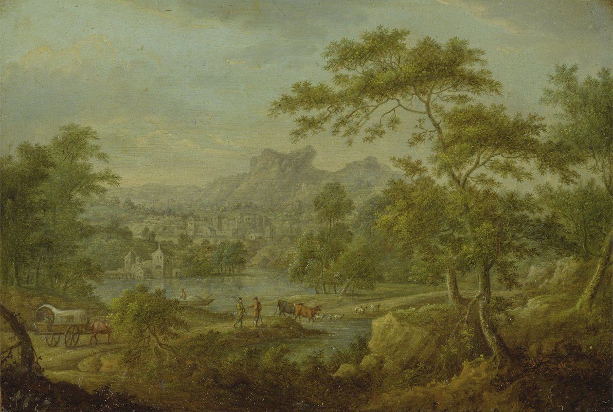 Ett imaginärt landskap med en vagn och en avlägsen utsikt över en stad (olja på koppar) av Thomas Smith of Derby