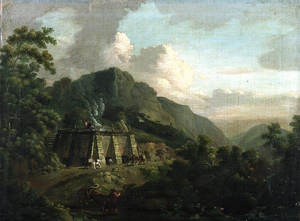 Skogbevuxen landskap, med arbetare och hästar som arbetar i en kalkugn (olja på duk) av Thomas Smith of Derby