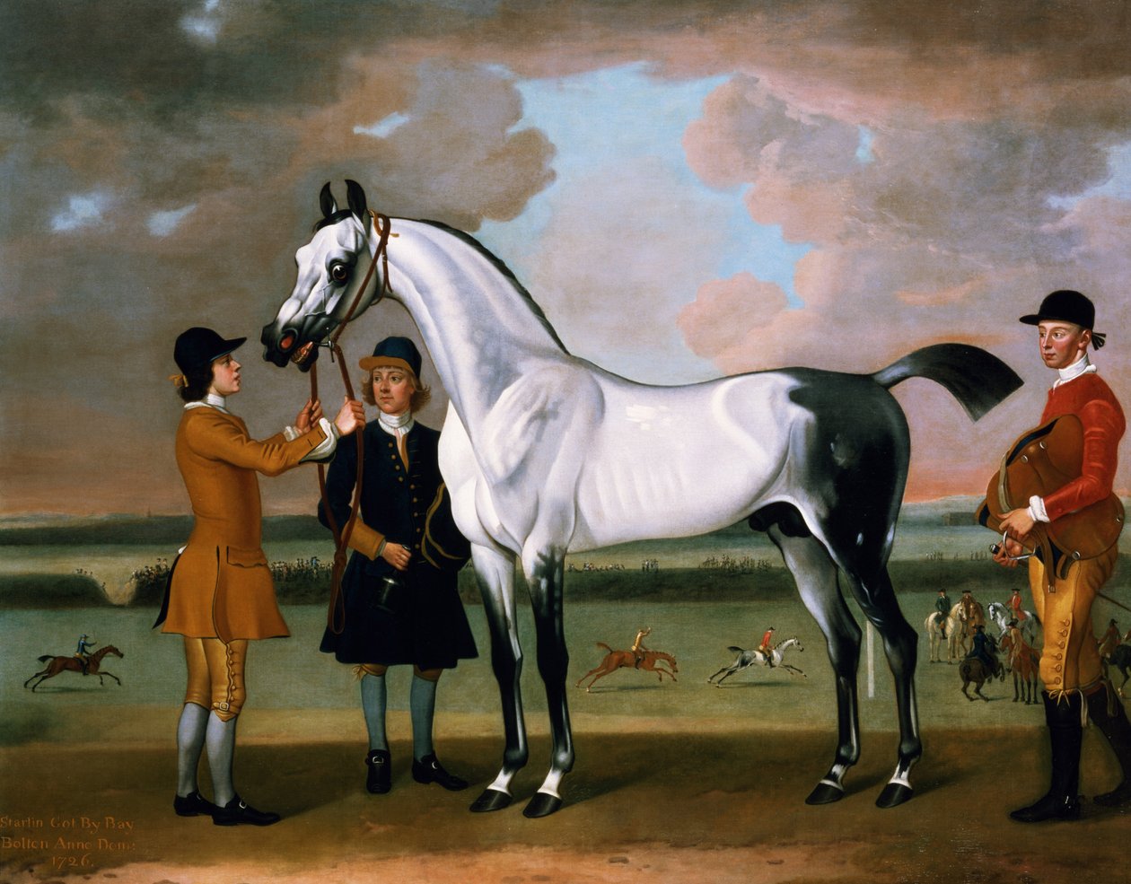 Hertigen av Boltons "Starling" med en jockey och en brudgum på Newmarket av Thomas Spencer