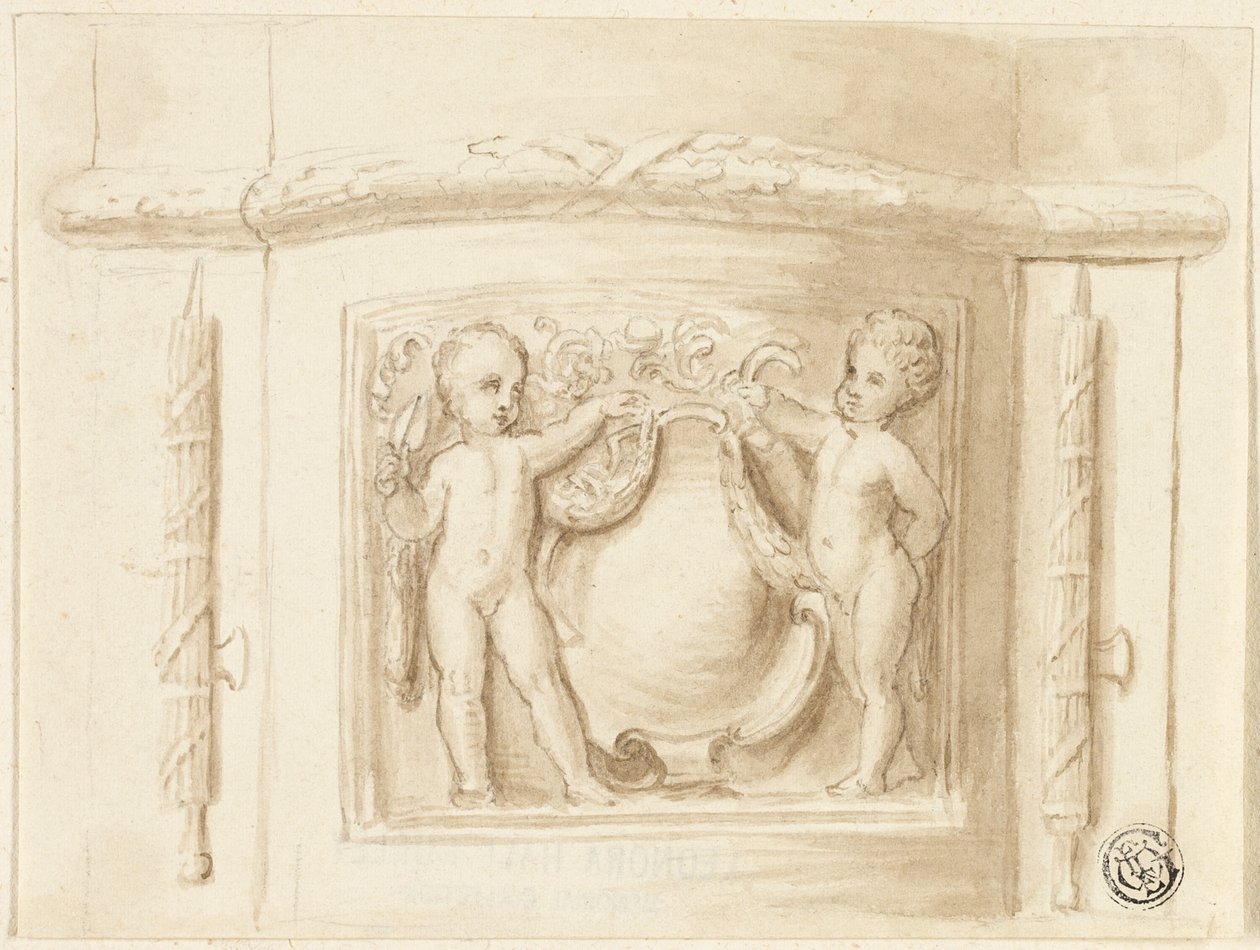 Bas av pilaster med relief, med 2 putti, sköld av Thomas Stothard