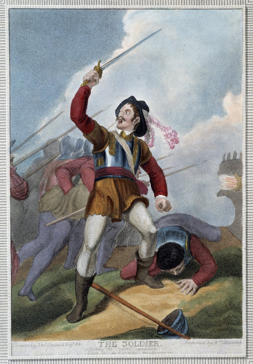 Soldaten. i "" The 7 ages of man"" av Shakespeare, ill. av W. Broniley, London av Thomas Stothard