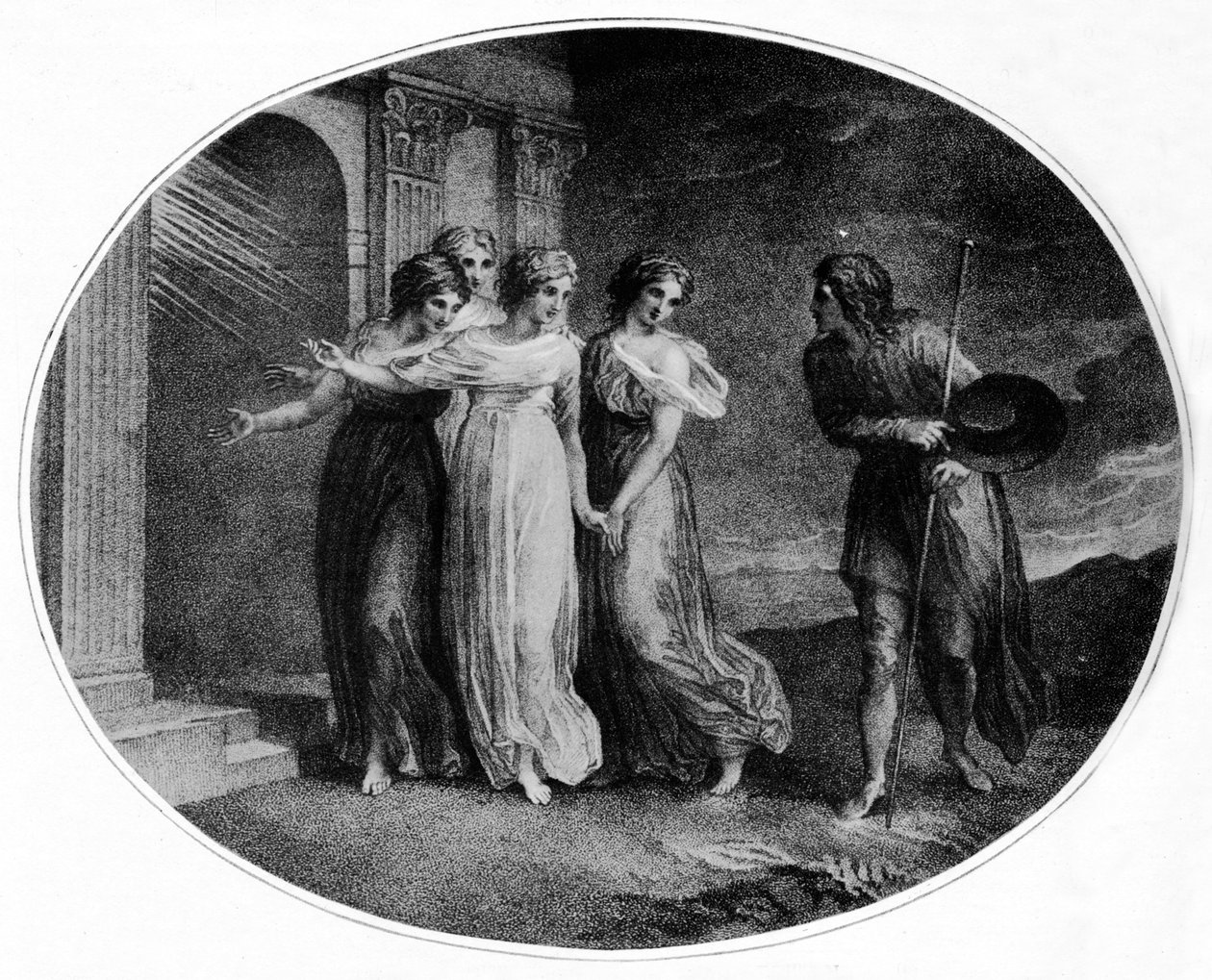 Försiktighet, fromhet, välgörenhet och diskretion som bjuder in Christian till det vackra palatset, 1789, 1912 av Thomas Stothard