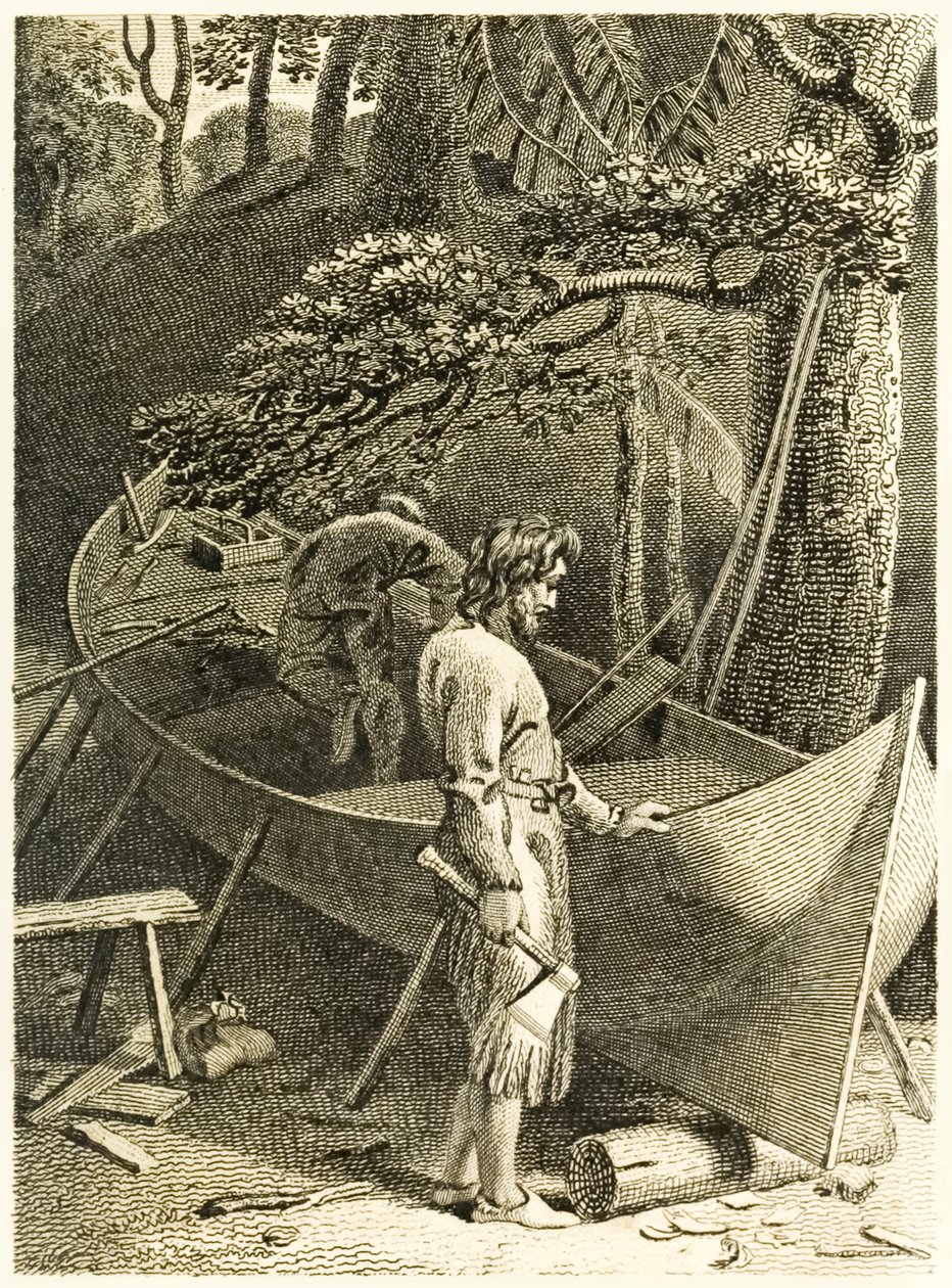 ?Robinson Crusoe och fredag gör en båt? från ?The Life and Strange Surprising Adventures of Robinson Crusoe, or York, Mariner? av Daniel Defoe av Thomas Stothard