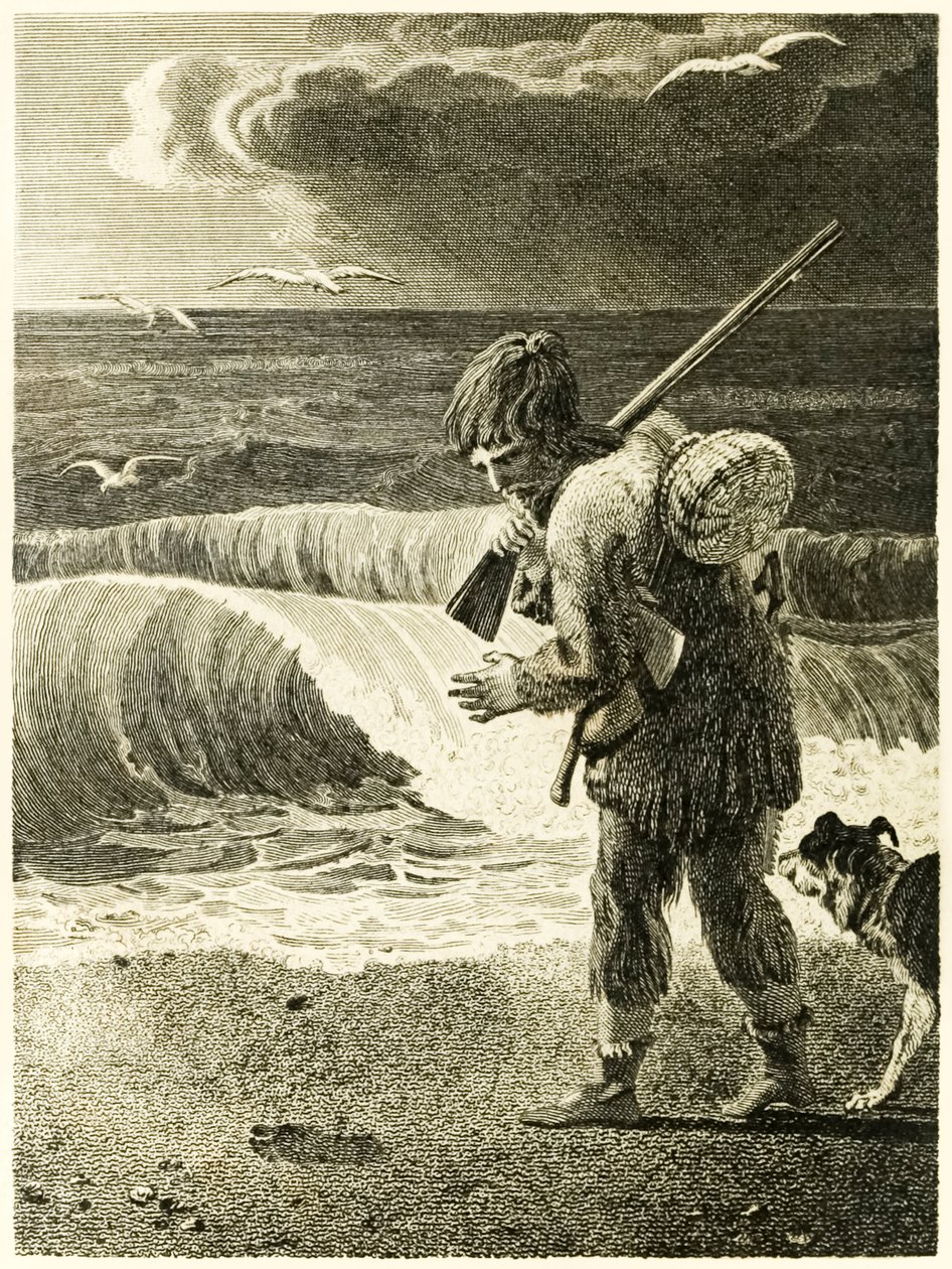 ?Robinson Crusoe upptäcker avtrycket av en mans fot? från ?The Life and Strange Surprising Adventures of Robinson Crusoe, or York, Mariner? av Daniel Defoe av Thomas Stothard