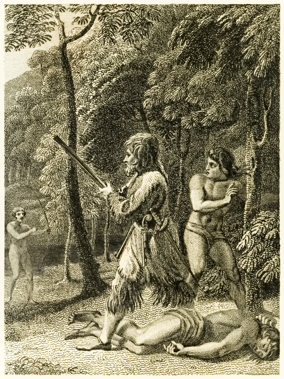 ?Robinson Crusoe ser och räddar sin man först på fredag? från ?The Life and Strange Surprising Adventures of Robinson Crusoe, or York, Mariner? av Daniel Defoe av Thomas Stothard