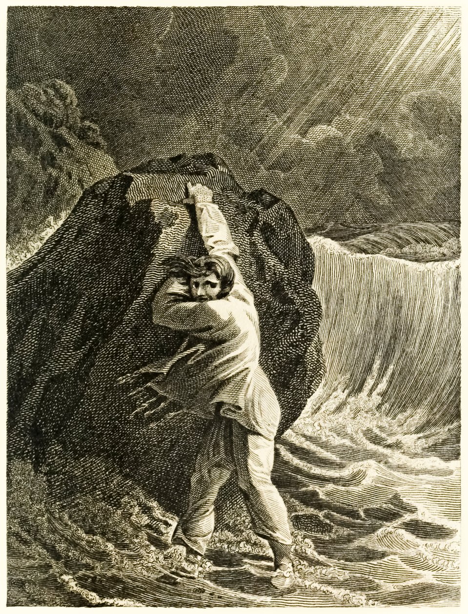 ?Robinson Crusoe förliste och klamrade sig fast vid en sten? från ?The Life and Strange Surprising Adventures of Robinson Crusoe, or York, Mariner? av Daniel Defoe av Thomas Stothard