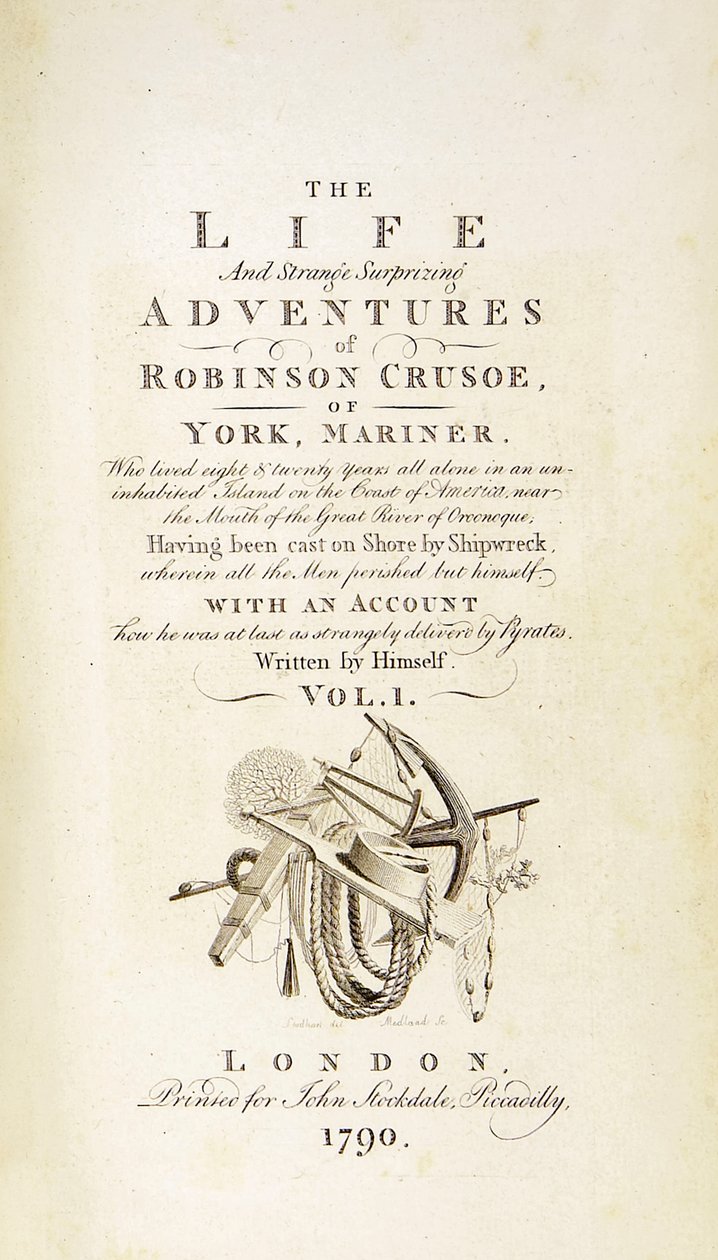 Titelsidan "Robinson Crusoe" från "The Life and Strange Surprising Adventures of Robinson Crusoe, or York, Mariner" av Daniel Defoe av Thomas Stothard