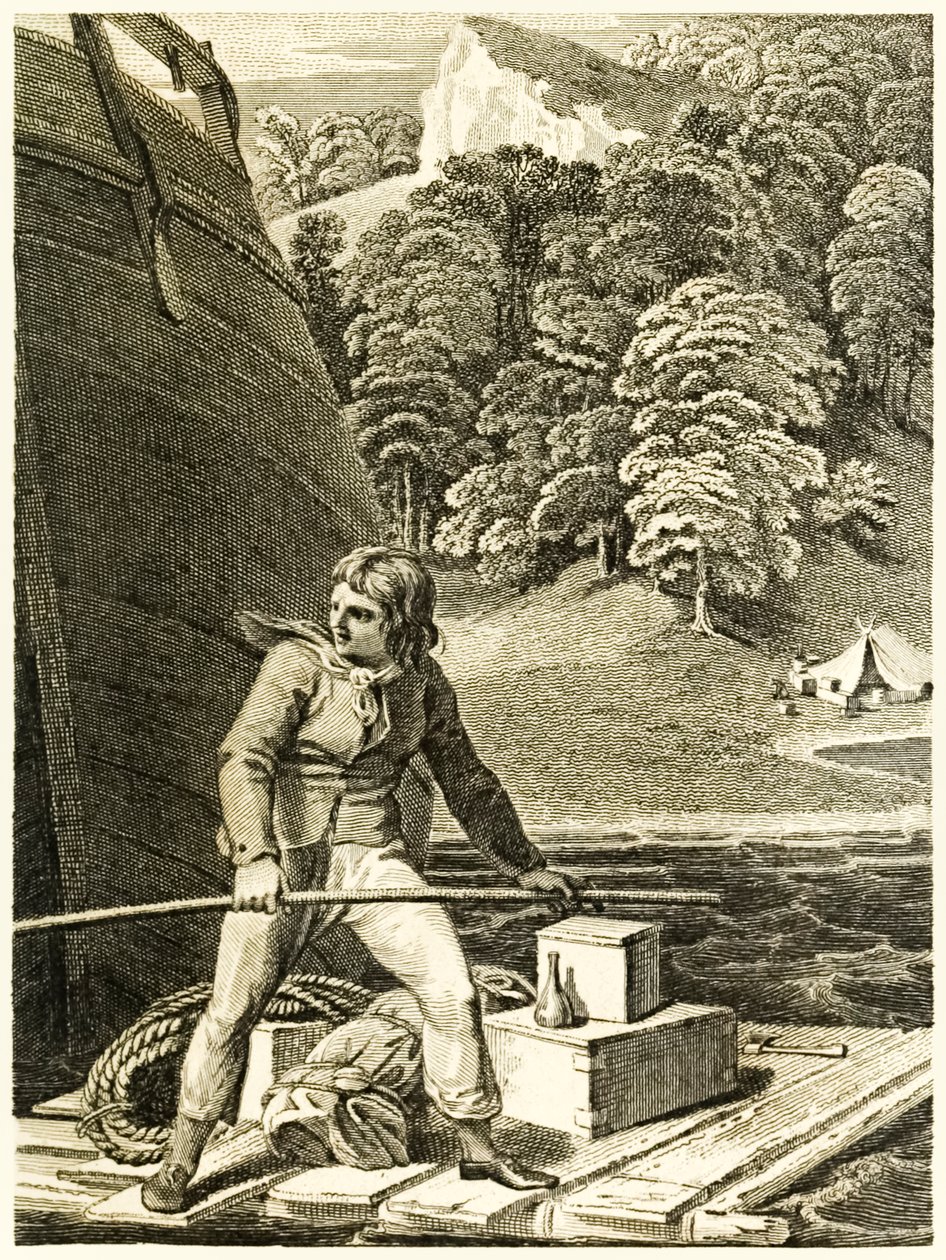 ?Robinson Crusoe på sin flotte? från ?The Life and Strange Surprising Adventures of Robinson Crusoe, or York, Mariner? av Daniel Defoe av Thomas Stothard