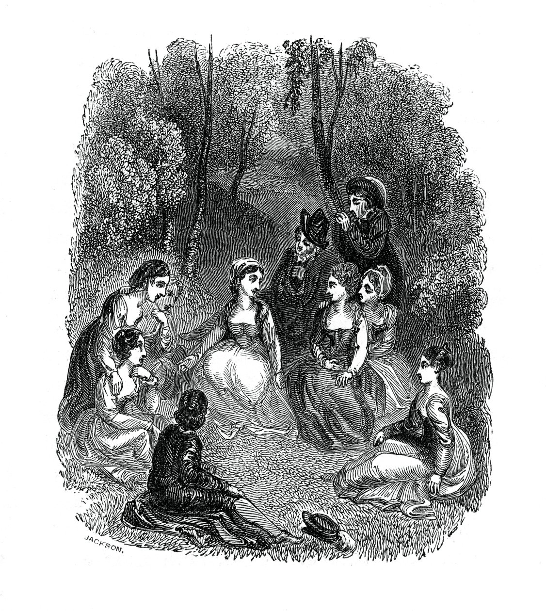 Scen från inledningen till The Decameron av Giovanni Boccaccio, 1833. av Thomas Stothard
