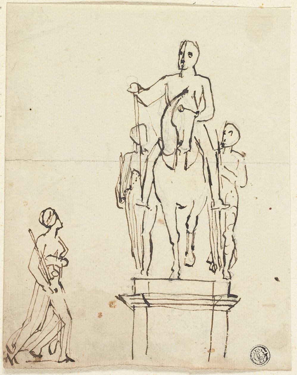 Skulptur av ryttare ackompanjerad av två stående figurer, med skiss av en av de senare av Thomas Stothard
