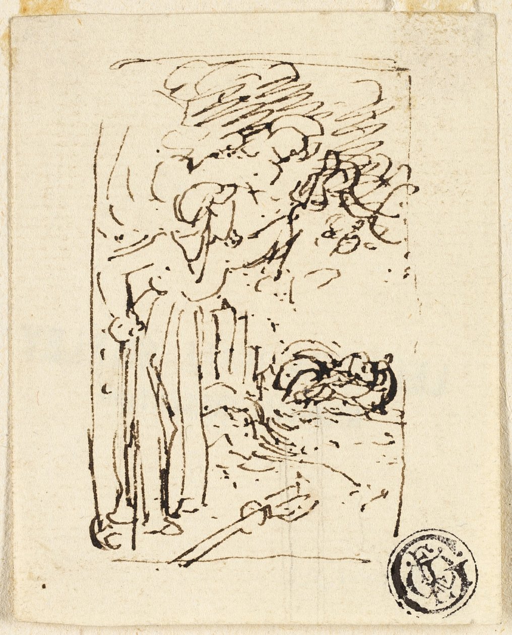 Skiss av figur lutad mot käpp av Thomas Stothard