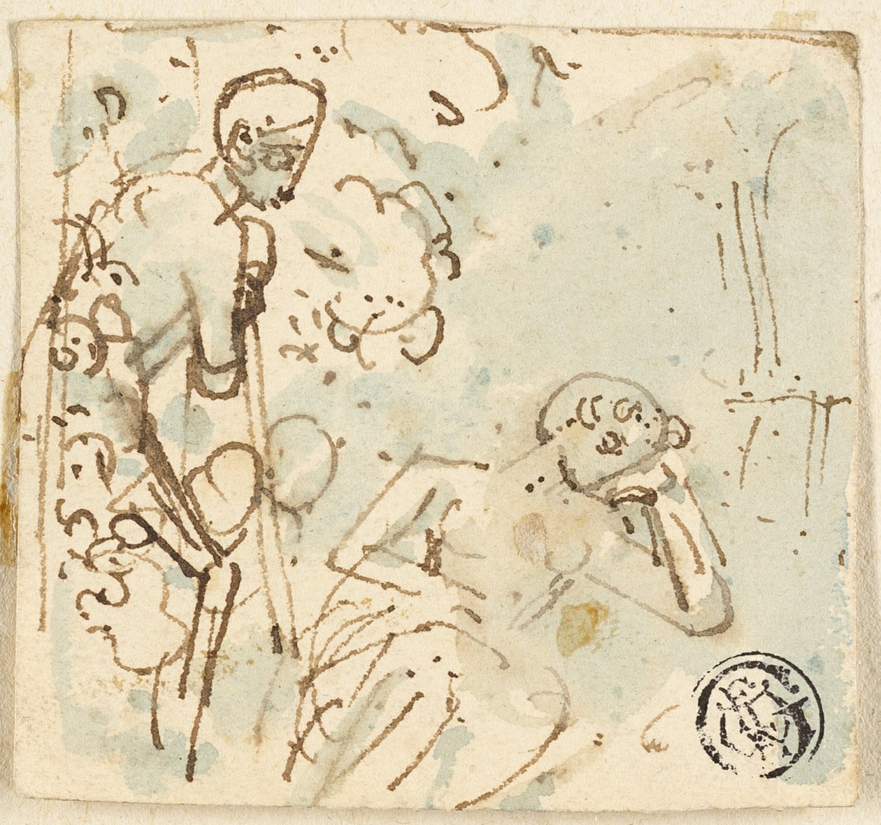 Skiss av man som lutar sig mot personalen och tittar på sovande kvinna av Thomas Stothard