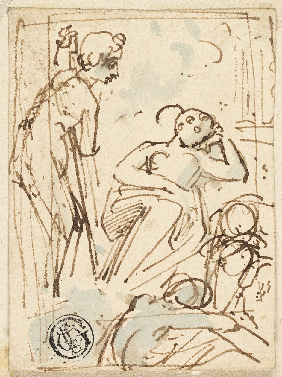 Skiss av man som lutar sig mot personalen och tittar på sovande kvinna av Thomas Stothard