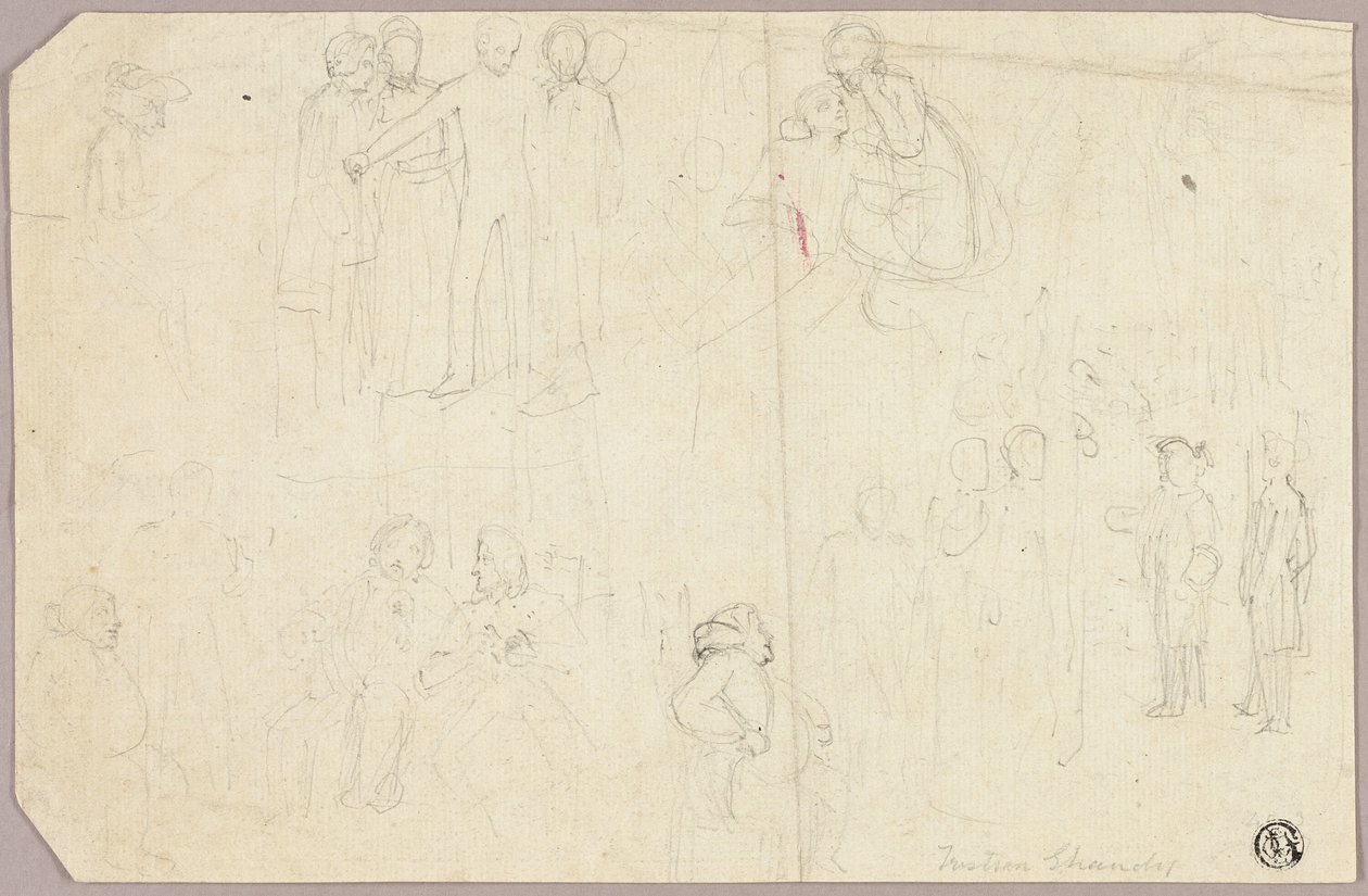 Skisser för Tristram Shandy (recto); Skisser av medaljong med sittande allegoriska figur (verso) av Thomas Stothard