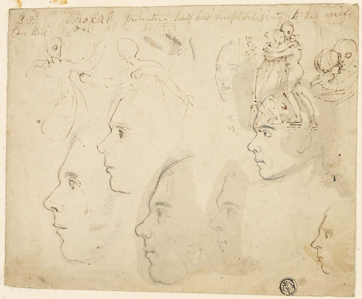 Skisser av manliga profiler, par som omfamnar av Thomas Stothard