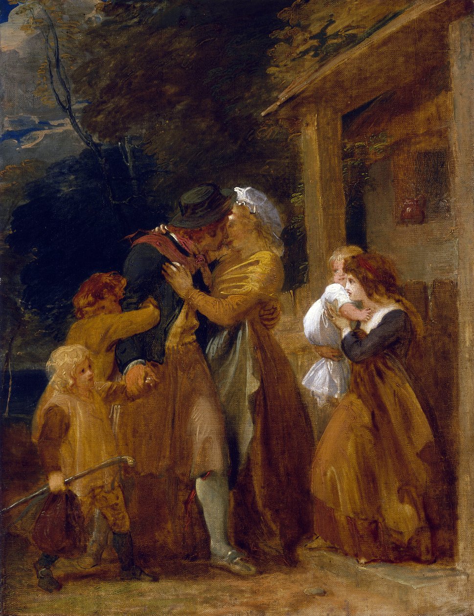 Sjömannens återkomst, när han återförenas med sin familj på tröskeln till sin stuga. Olja på duk av Thomas Stothard