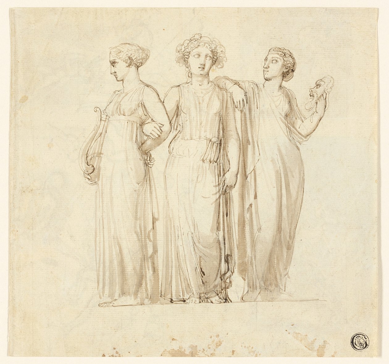 Tre musor (rekto); Studie av riddare och munk för en illustration i en gotisk roman (verso) av Thomas Stothard