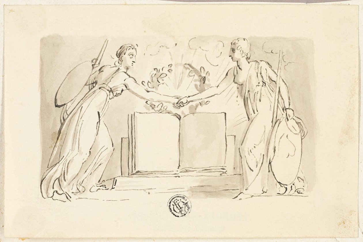 Två allegoriska kvinnliga figurer som knäpper händerna innan boken av Thomas Stothard