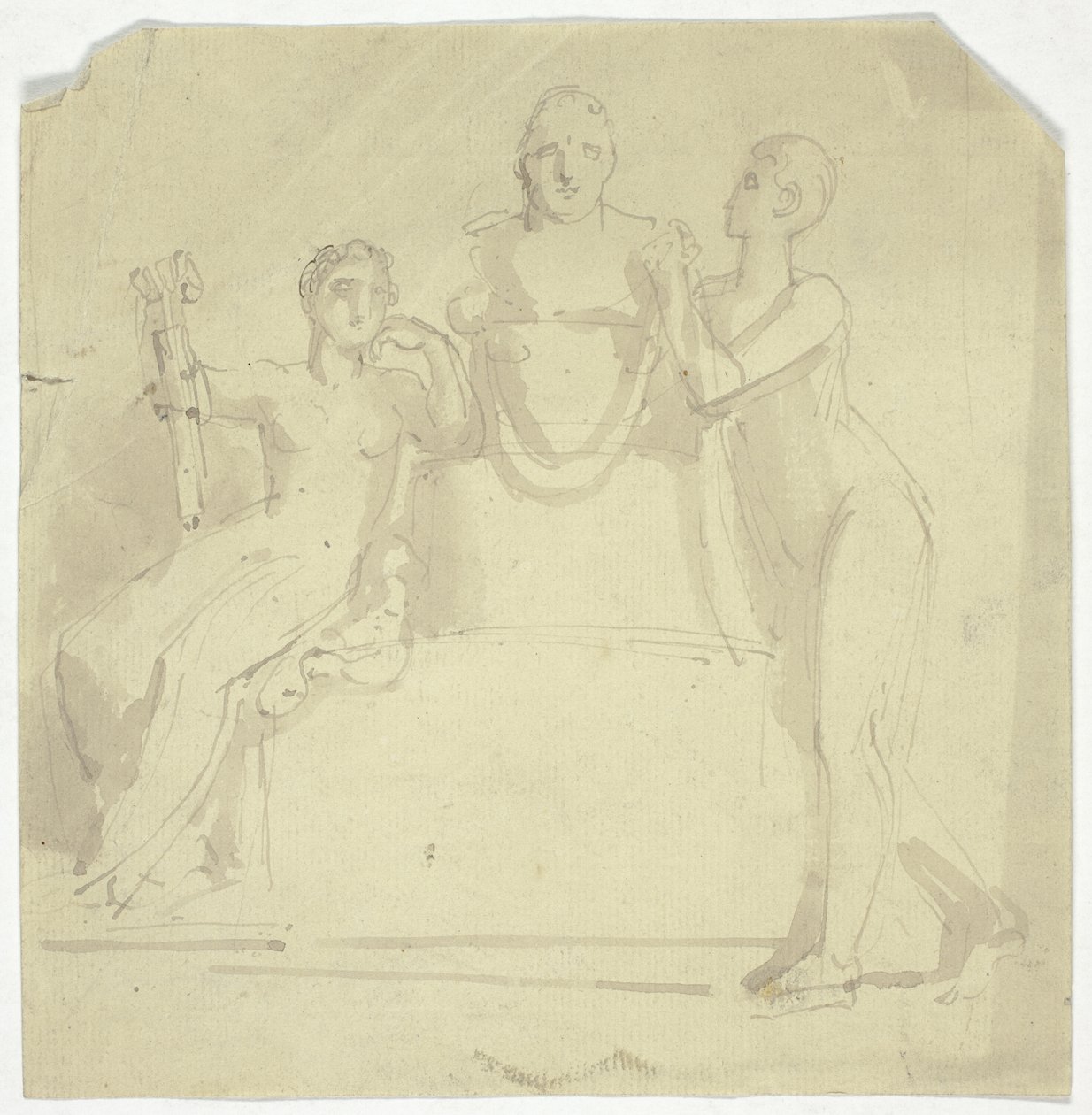 Två kvinnliga figurer med en byst av Thomas Stothard