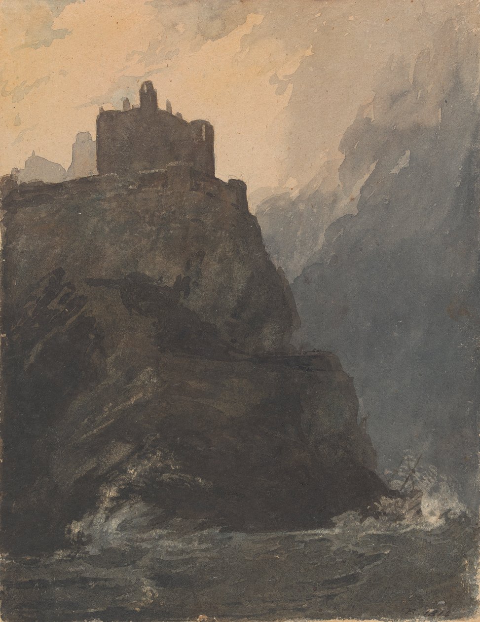 Slott på klippan, med ett stormigt hav och skeppsvrak vid basen av klippan av Thomas Sully