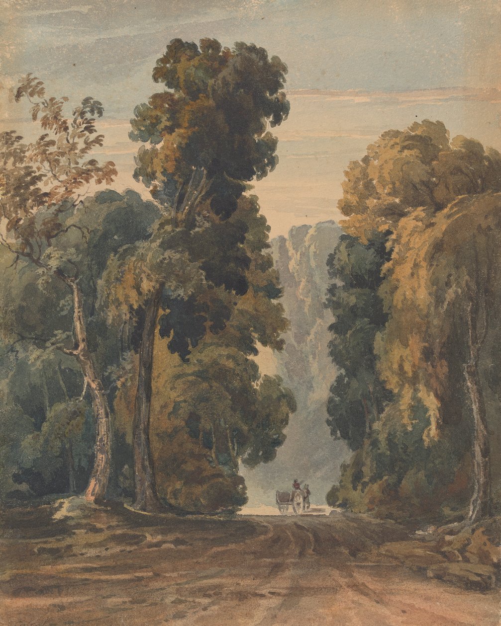 Häst, vagn och kusk på bred, trädkantad körfält av Thomas Sully
