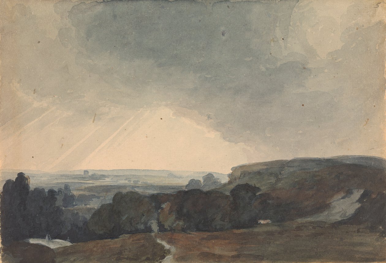 Landskapsscen från kulle, tittar in i den solbelysta dalen av Thomas Sully