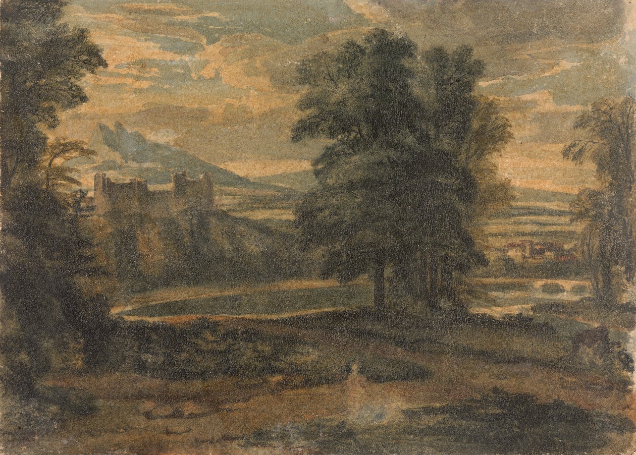 Landskap med berg, slott, träd och sjö av Thomas Sully