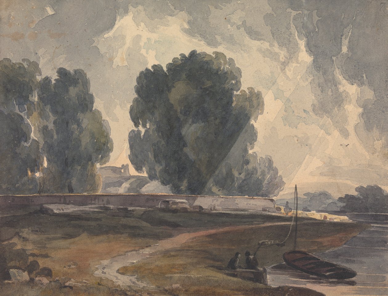 Landskap med träd och sjö med figurer och båt av Thomas Sully