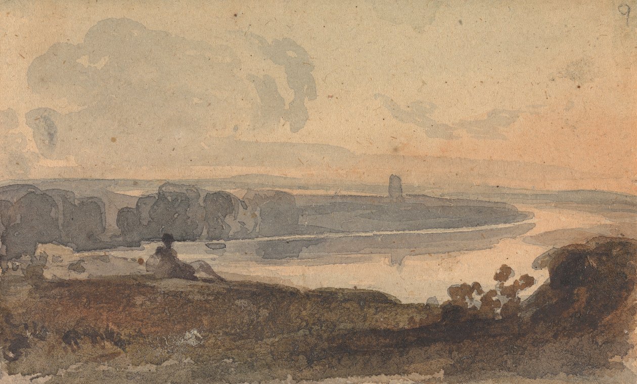 Landskap, med slingrande flod, figur på kullen i förgrunden av Thomas Sully