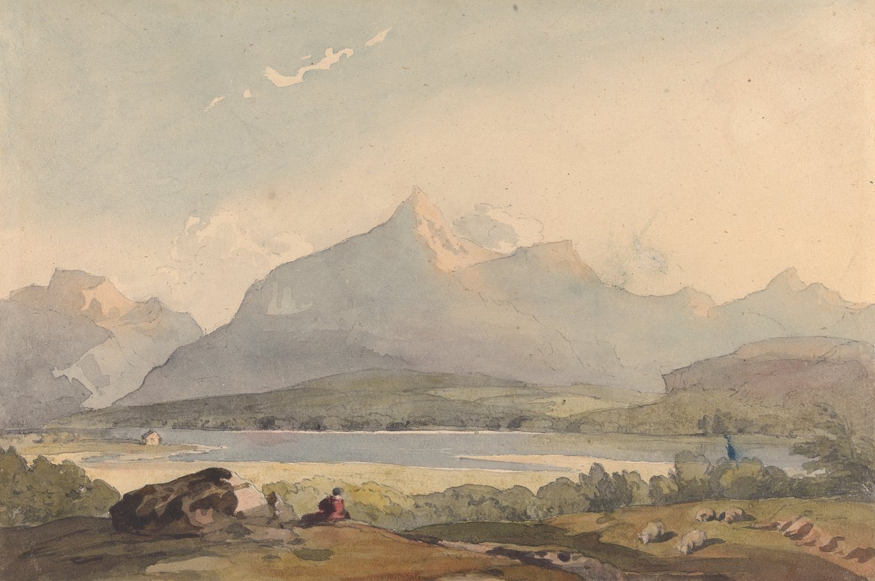 Bergigt landskap med sjö och figur i förgrunden av Thomas Sully