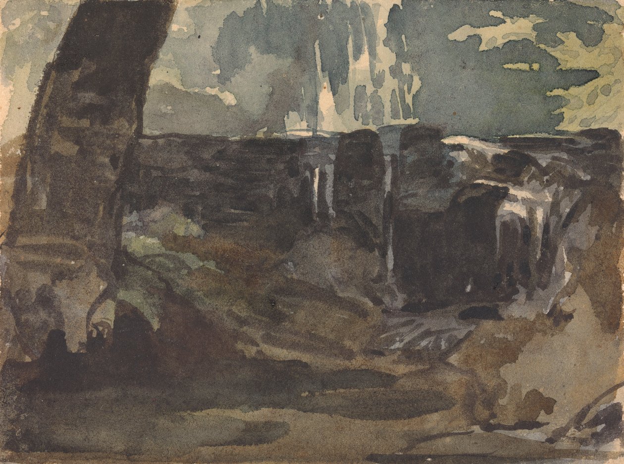 Stenigt landskap, stor trädstam i förgrunden av Thomas Sully
