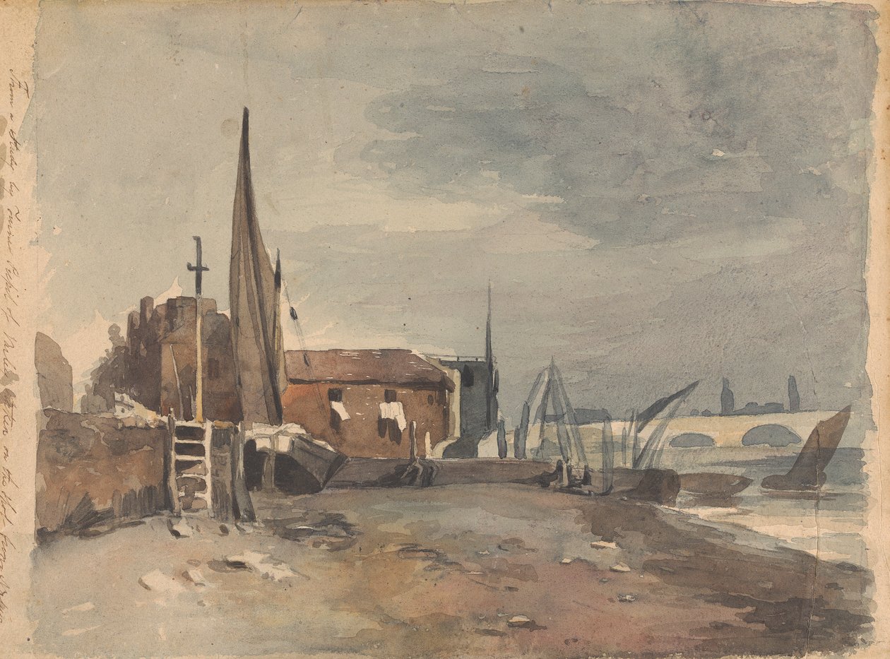 Strandscen med byggnader och båtar av Thomas Sully
