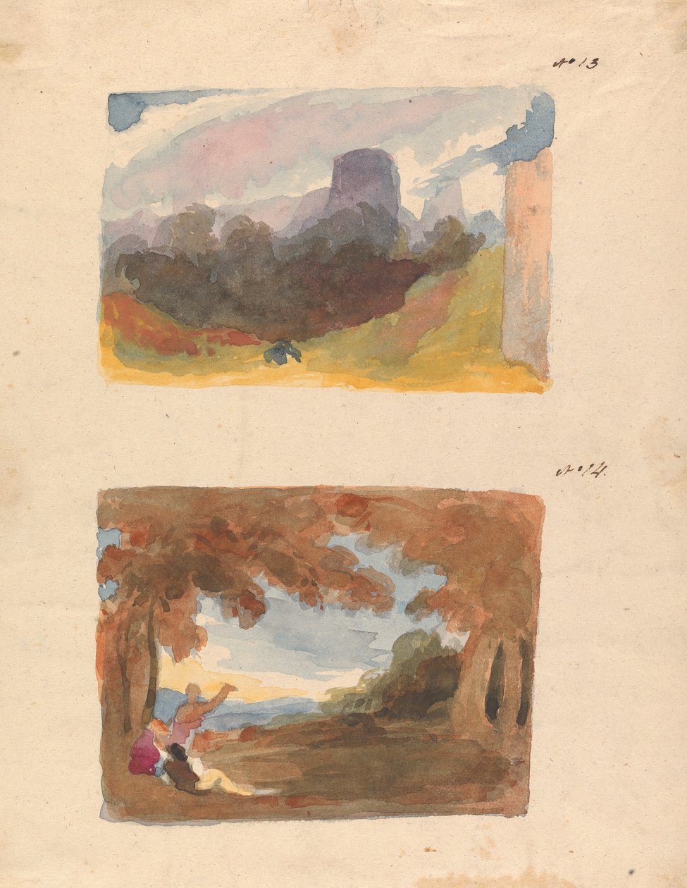 Två teckningar på ett ark: Landskap med slott - modernt sätt (nr 13); Landskap med figurer i förgrunden (nr 14) av Thomas Sully