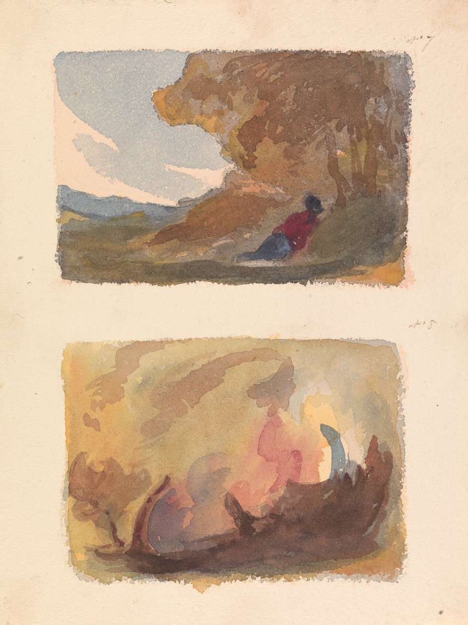 Två teckningar på ett ark: Landskap med figur lutande mot kullen - Tizian och venetiansk skola (nr 7); Landskap - olika vattenfärgstvättar (nr 8) av Thomas Sully