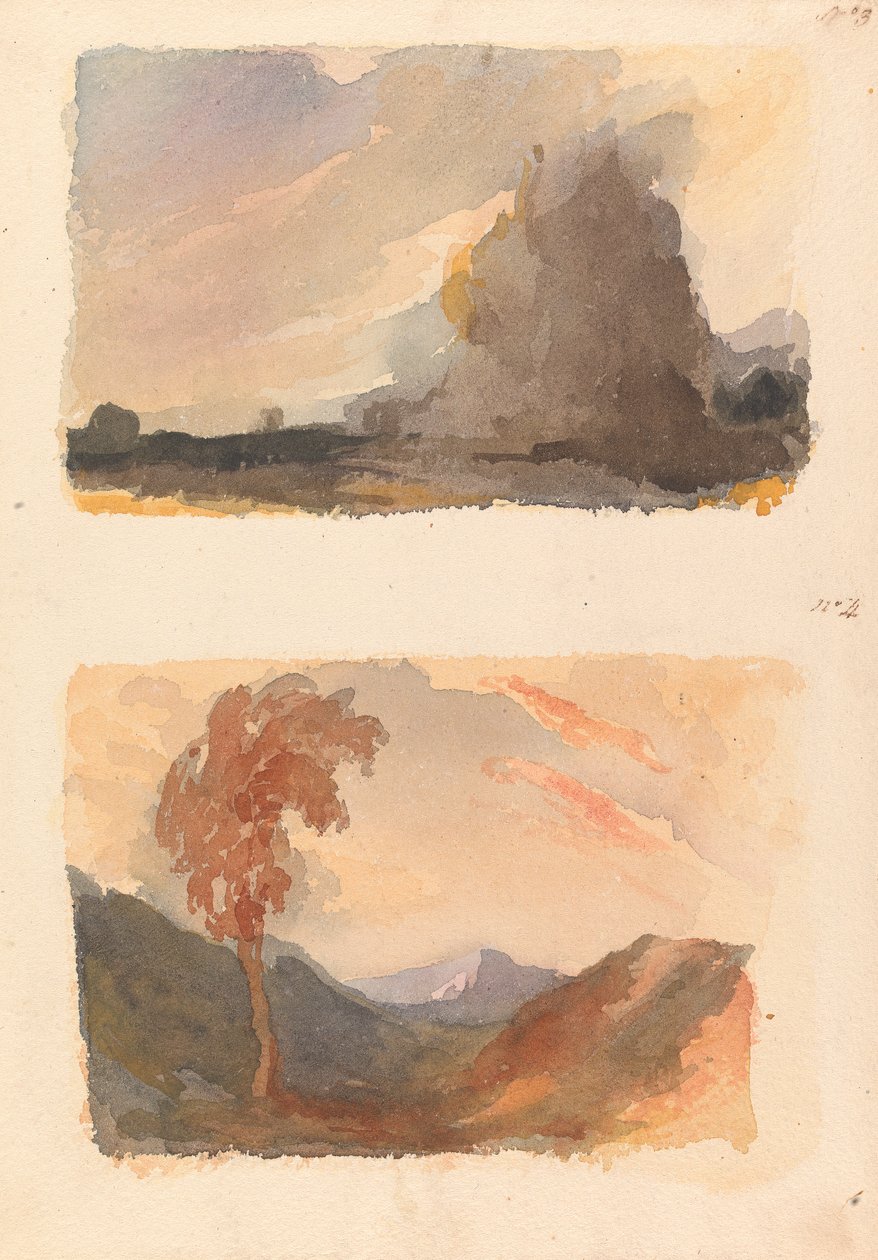 Två teckningar på ett ark: Landskap med stor klippa i förgrunden - Cuyps princip (nr 3); Landskap med träd i förgrunden, berg på avstånd - bådas princip (nr 4) av Thomas Sully