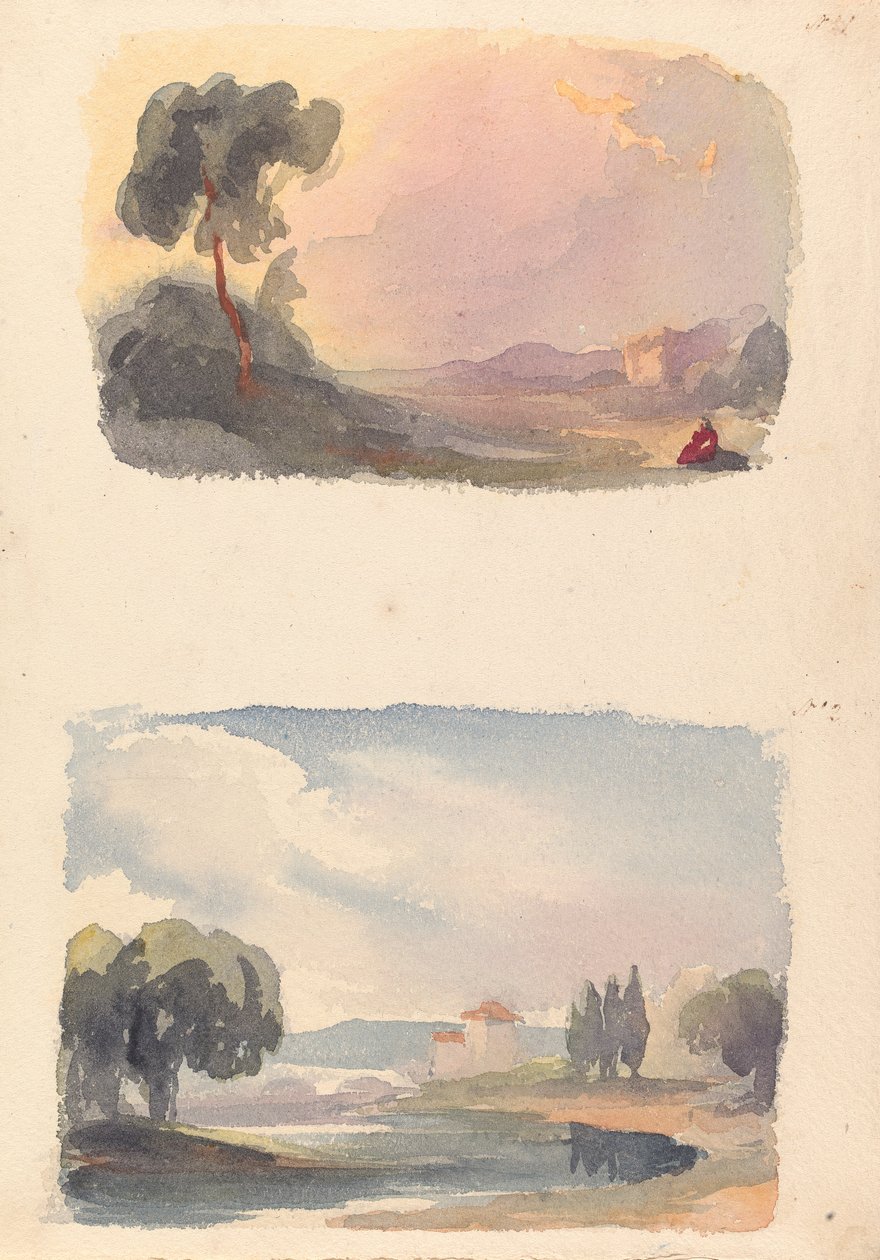 Två teckningar på ett ark: Landskap med berg på avstånd och sittande figurer i förgrunden (nr 1); Landskap med flod och byggnad, berg på avstånd (nr 2) av Thomas Sully