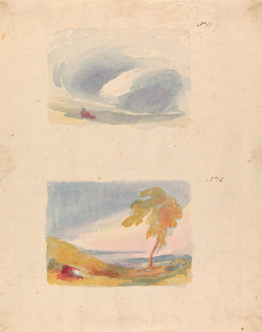 Två teckningar på ett ark: Sky Study - Turners princip (nr 11); Landskap med kullar och träd (nr 12) av Thomas Sully