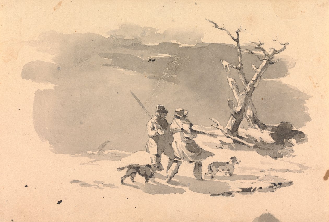 Två jägare och två hundar i vinterscenen av Thomas Sully