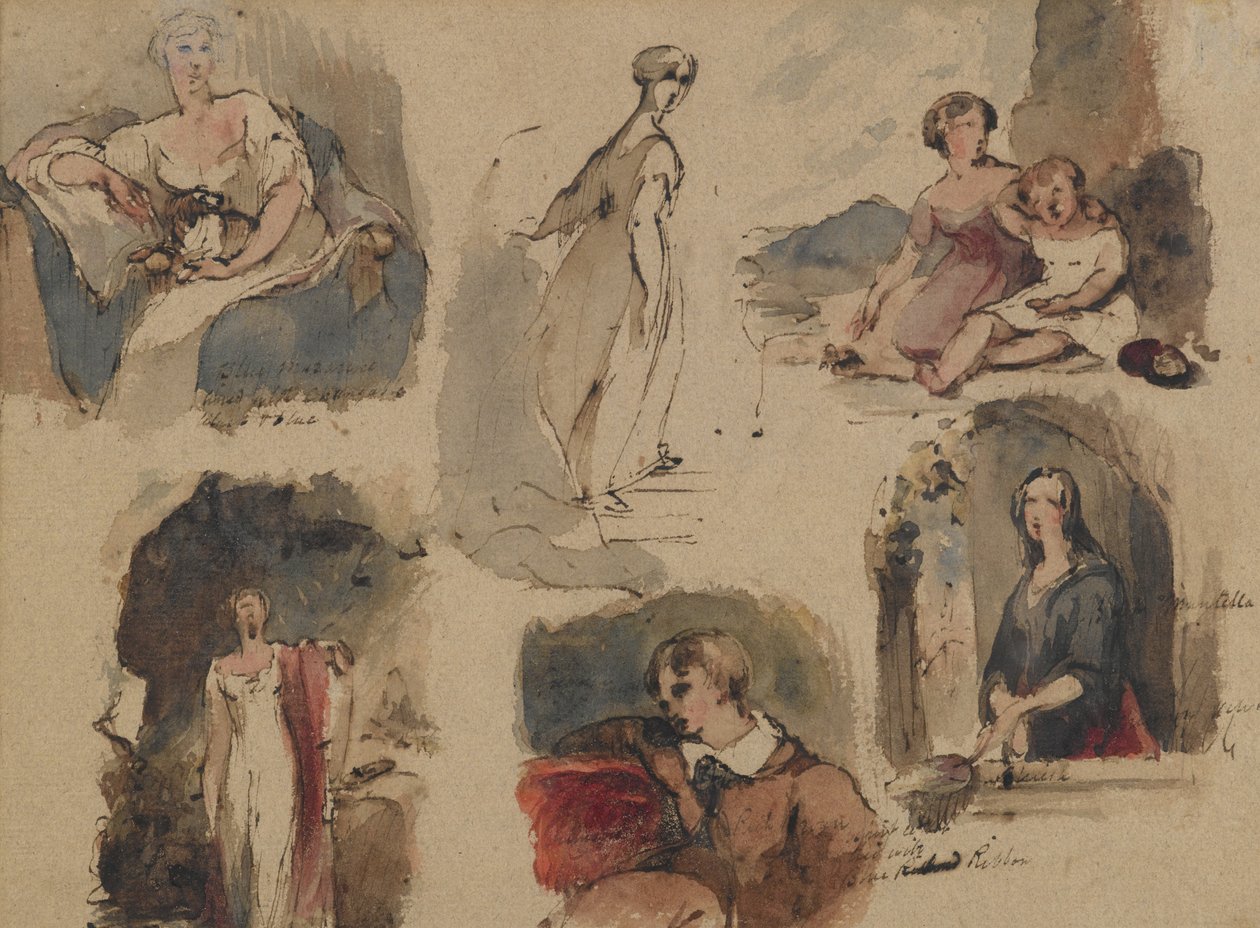 [Utan titel] (Six Figure Studies), ca 1830-talet (järngalbläck & wc på beige, medelviktigt, måttligt texturerat antikt papper) (recto) av Thomas Sully