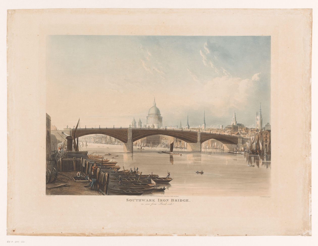 Utsikt över Southwark Iron Bridge, London Southwark Iron Bridge, sett från Bank-Side (titel på objekt) av Thomas Sutherland
