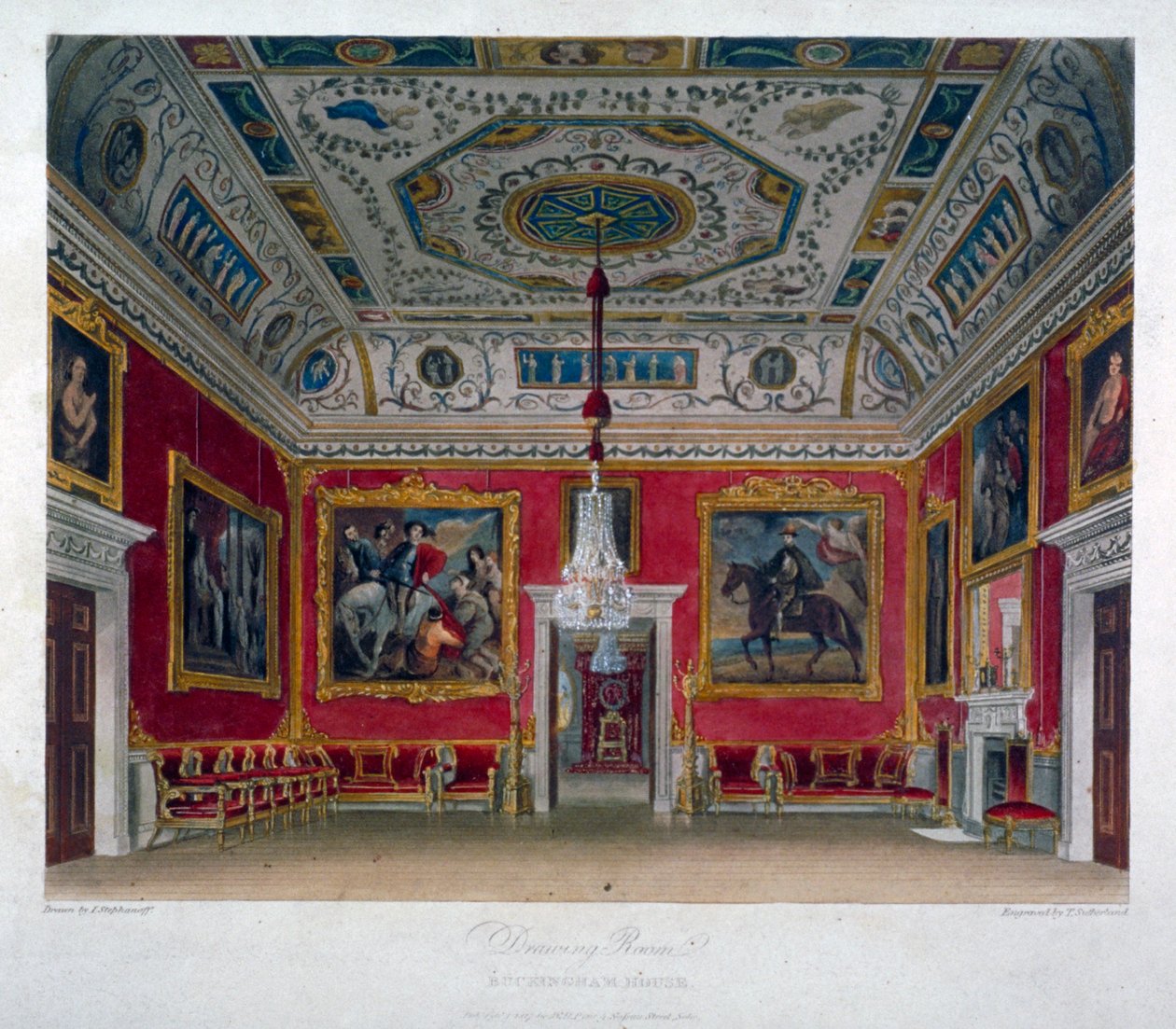 Interiörvy av salongen i Buckingham House, Westminster, London, 1817 av Thomas Sutherland