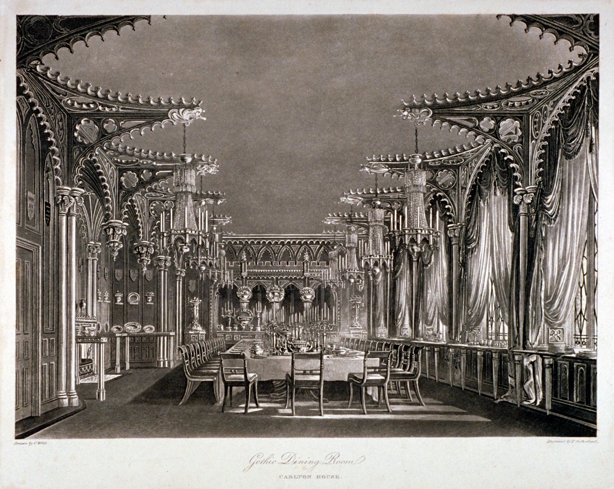 Interiörvy av den gotiska matsalen i Carlton House, Westminster, London, 1819 av Thomas Sutherland