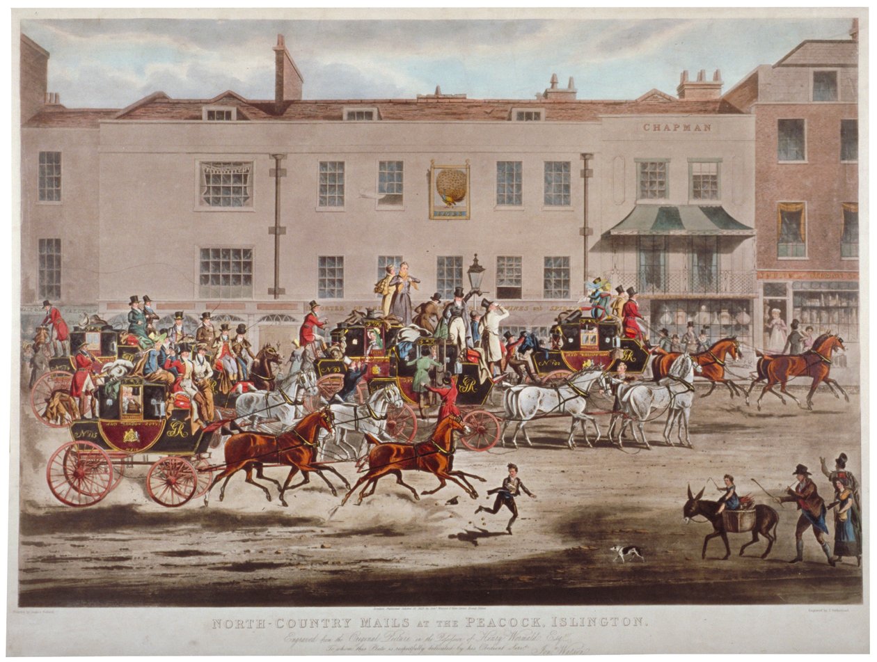 Postbussar framför Peacock Inn på Islington High Street, London, 1823. av Thomas Sutherland