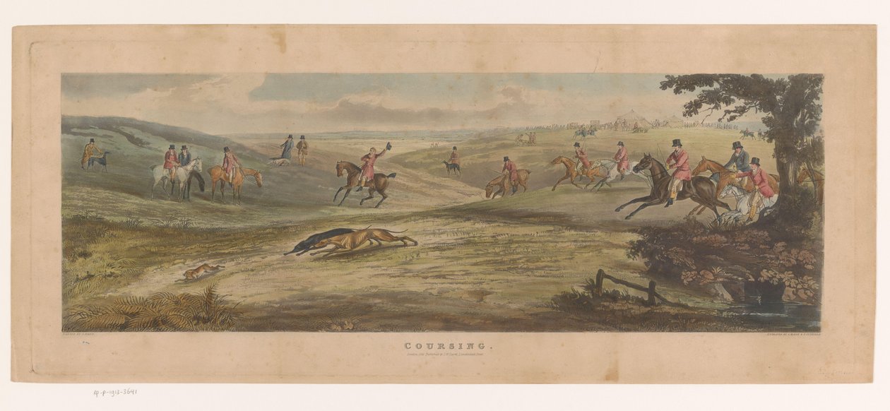 Två vinthundar jagar en hare Coursing (titel på objekt) av Thomas Sutherland