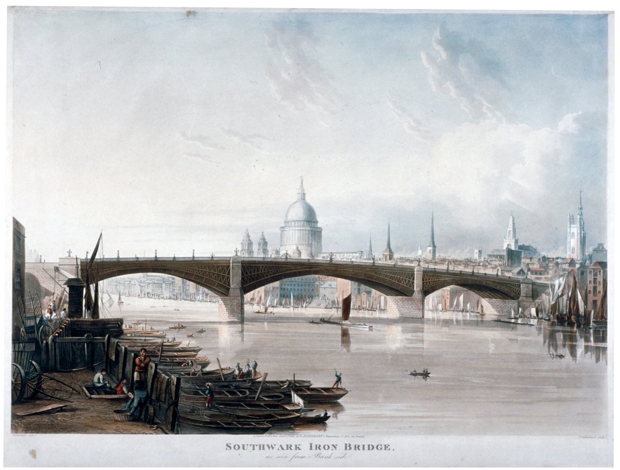 Vy över "Southwark Iron Bridge" från Bankside, London, 1819 av Thomas Sutherland