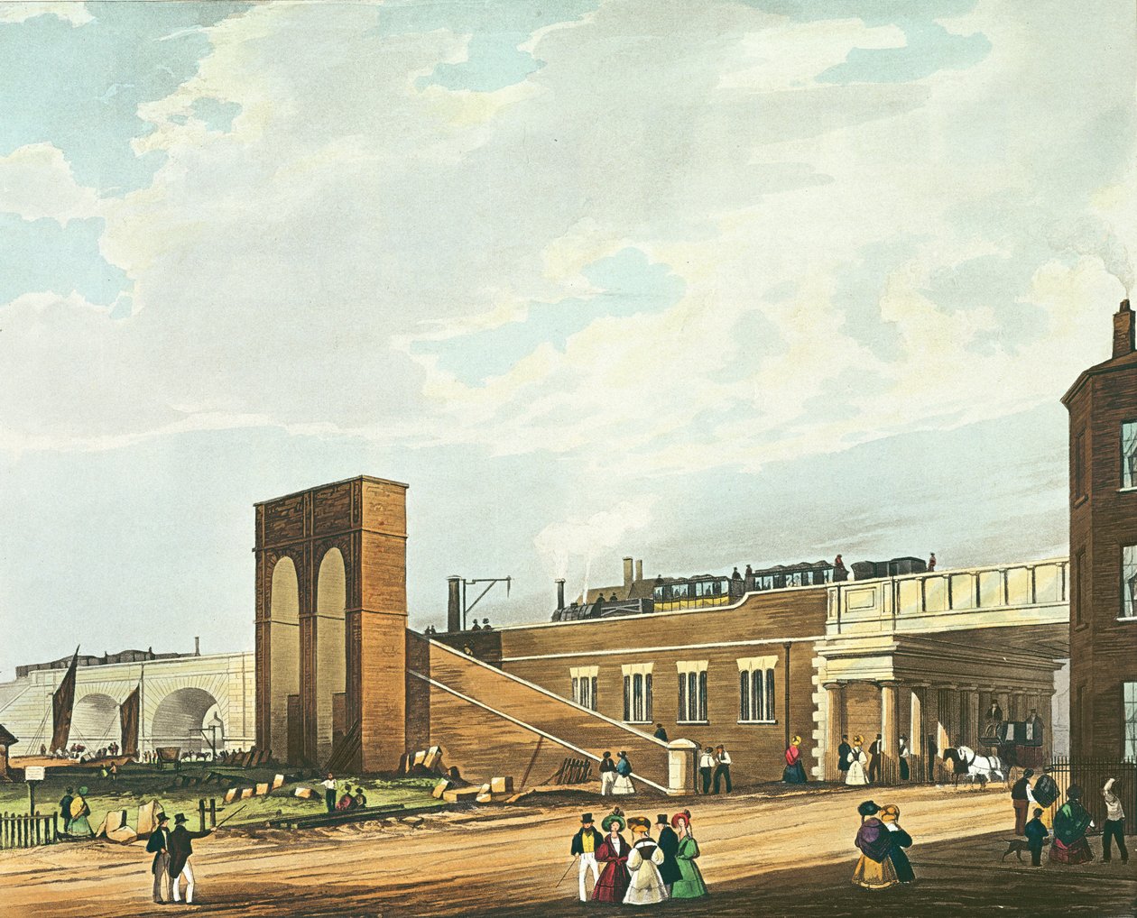 Indgang til Manchester Across Water Street, indgraveret af Henry Pyall (1795-1833) udgivet af Ackermann und Co., 1831 (farvet akvatinte) swed. av Thomas Talbot Bury