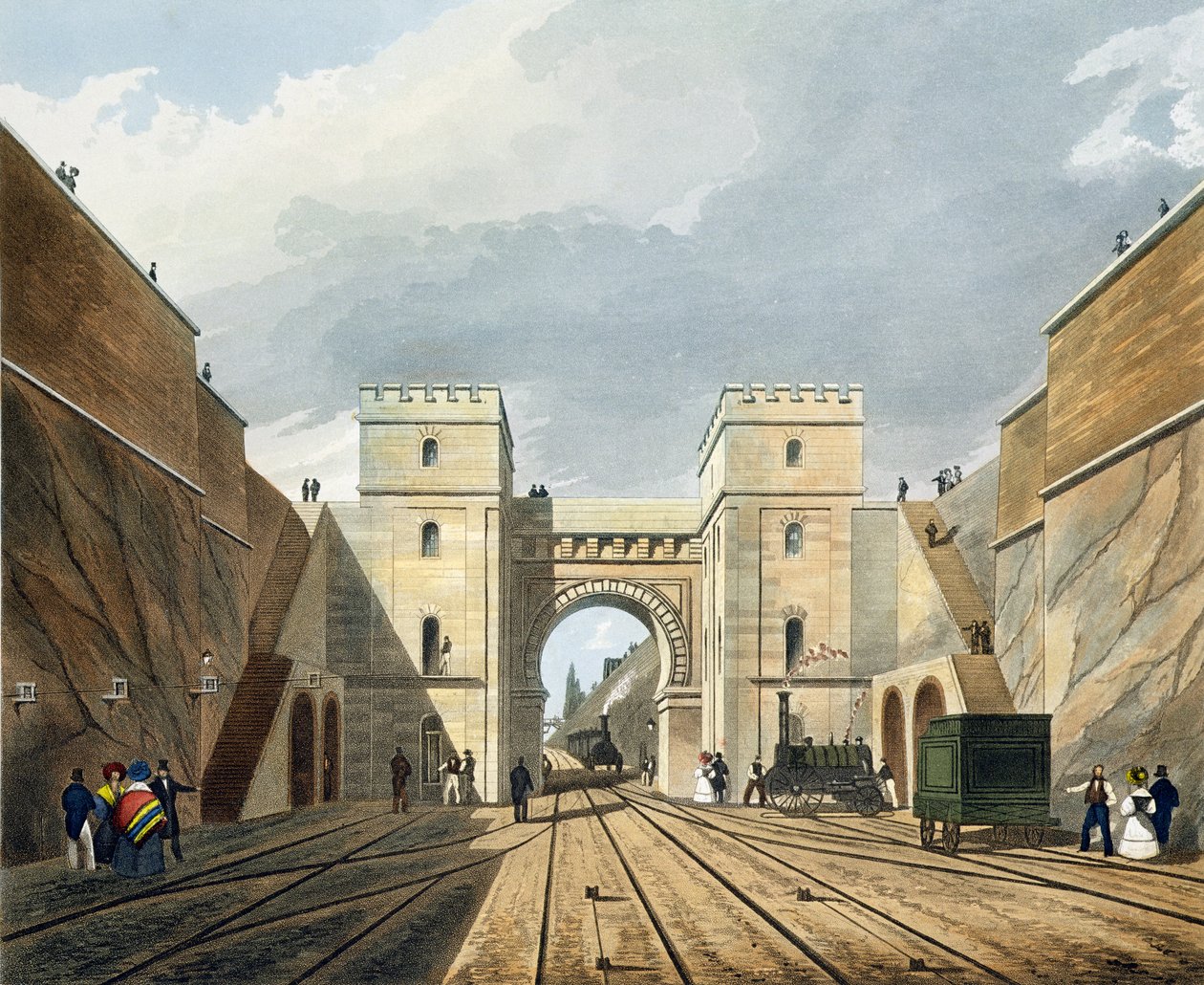 Moorish Arch, Looking from the Tunnel, platta 10 från "Liverpool and Manchester Railway", graverad av S.G. Hughes, utgiven av R. Ackermann, 1831. av Thomas Talbot Bury